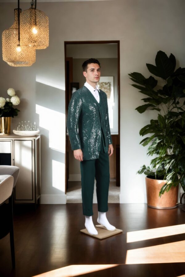 Green Georgette Suit with Self Embroidery & Sequin Work - Waistcoat with Shawl Collar, Geometric Embroidery Design & A-Line Pants - Image 2