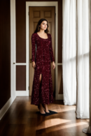 Maroon Sequin Mermaid Gown with Side Slit - Glamorous Evening Wear for Special Occasions