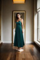 Spaghetti Strap V-Neck Satin Ball Gown with Ruched Detailing for Women  Elegant Evening Wear