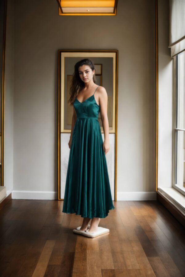 Spaghetti Strap V-Neck Satin Ball Gown with Ruched Detailing for Women  Elegant Evening Wear - Image 2