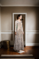 Beige Net Long Western Gown with Beads, Moti, Patchwork & Sequin Work - V-Neckline & Full Sleeves