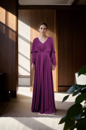 Chic Purple Polyester Western Gown with Round Neckline, Designer Sleeves & Pleated Work Details - Perfect for Evening Events & Parties