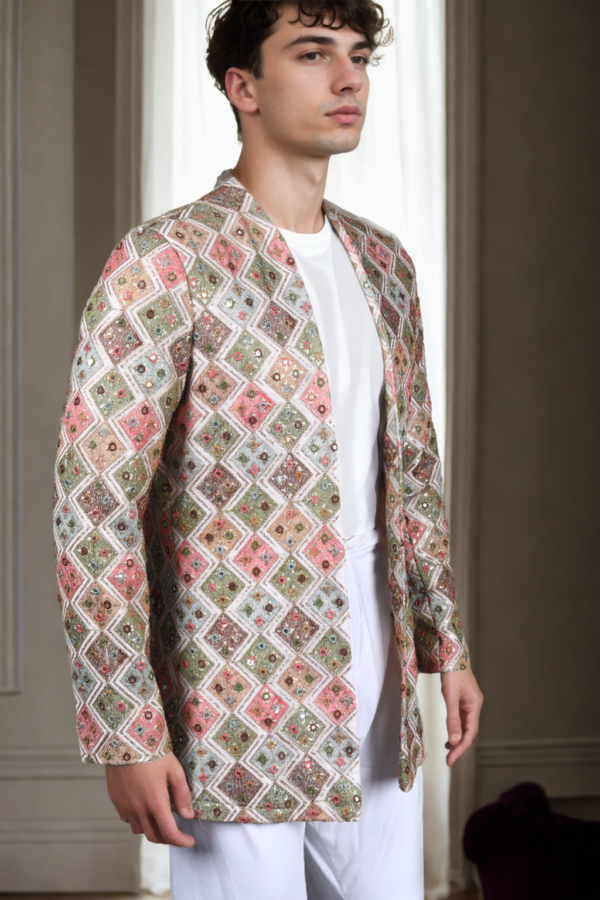 Pista Green Georgette Jacket with Diamond Shape Design, Colorful Embroidery & Sequins - Elegant Full-Sleeve, Long-Length Outerwear