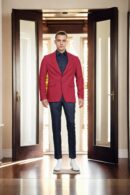 Maroon Denim Blazer - Notch Lapel Collar, Single-Breasted with Double-Button Closure & Double-Vented Back Hem