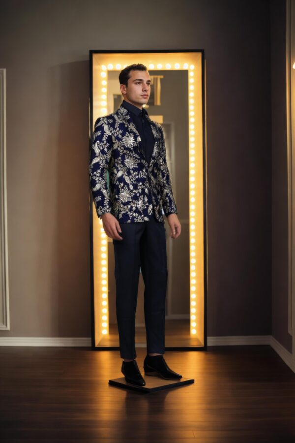Navy Blue Velvet Heavy Blazer with Gold Zari Thread & Sequin Work - Notch Lapel Collar, Long Sleeves, Two Flap Pockets - Image 2