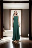 Elegant Bottle Green Soft Denim Long Gown - Sleeveless Princess Cut with Padded Front & Side Slit