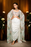 Charming Light Yellow & White Floral Print Gown with Embroidered Jacket - Perfect for Daytime Celebrations