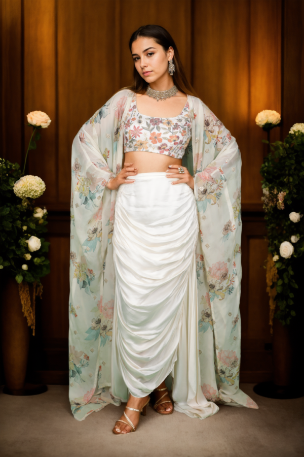Charming Light Yellow & White Floral Print Gown with Embroidered Jacket - Perfect for Daytime Celebrations