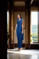 Sophisticated Blue Silk Gaurav Gupta Blouse with Back Zip & Round Neck Design Readymade Drape Saree - Perfect for High-End Events