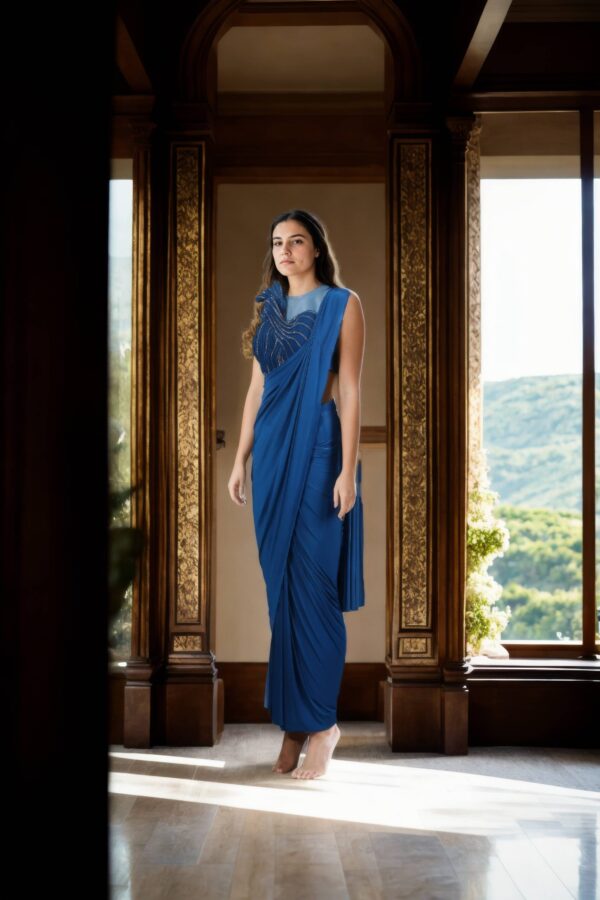 Sophisticated Blue Silk Gaurav Gupta Blouse with Back Zip & Round Neck Design Readymade Drape Saree - Perfect for High-End Events - Image 4
