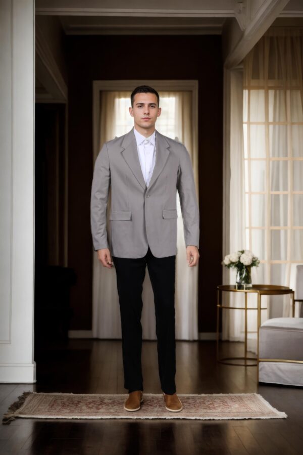 Ash Grey Suiting Blazer with Notch Lapel Collar, Double-Button Closure, Flap & Chest Welt Pockets, Attached Lining, and Double-Vented Back Hem