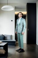 Beads Sea Green Net Suit with Beads & Sequin Work - Silk Satin Peak Lapel Collar, Full Sleeves & A-Line Pants