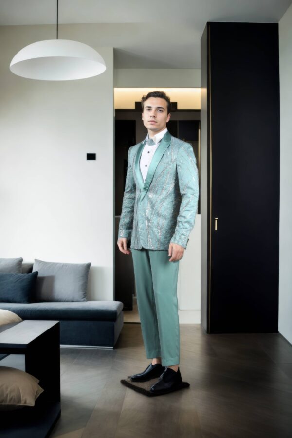 Beads Sea Green Net Suit with Beads & Sequin Work - Silk Satin Peak Lapel Collar, Full Sleeves & A-Line Pants - Image 2
