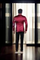 Opulent Maroon Satin Blazer - Sequin Detail Design, Notched Lapel & Baby Pink Embroidery
