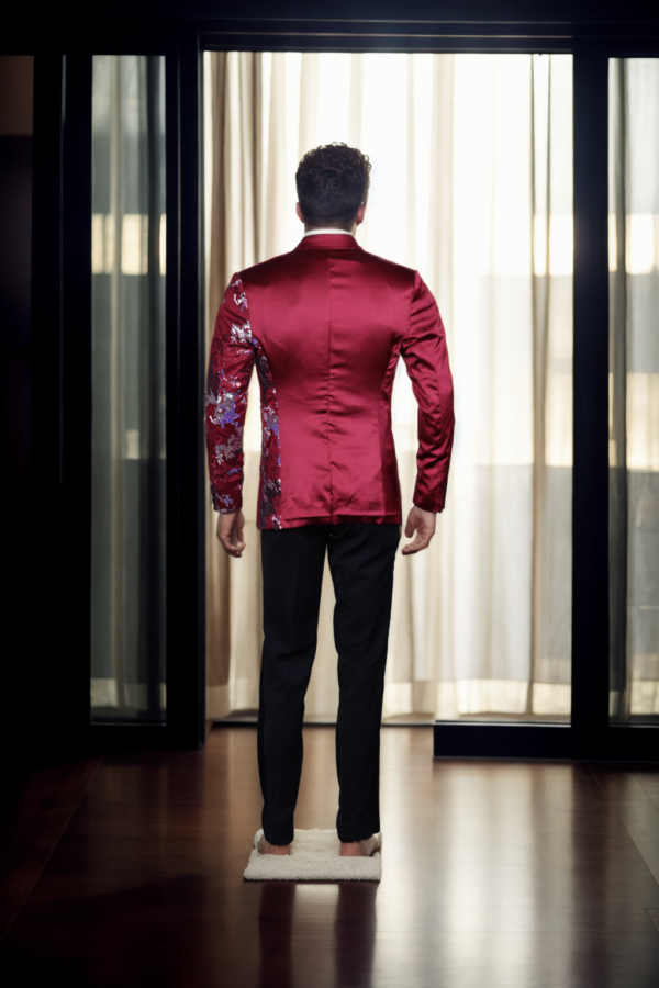 Opulent Maroon Satin Blazer - Sequin Detail Design, Notched Lapel & Baby Pink Embroidery - Image 2