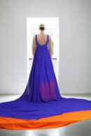 Stunning Blue and Orange Georgette Gown with Flowing Long Trail - Elegant Sleeveless Design for Formal Events