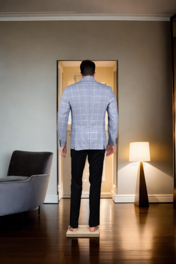 Greyish Blue Cotton Striped Slim-Fit Blazer with Notch Lapel Collar, Long Sleeves, and Yellow Geometric Design Welt Pockets - Image 3
