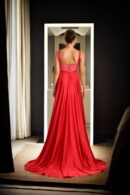 Long High-Low Satin Gown with Tilted V-Neck Padded Top and Back Zip Opening - Sophisticated Evening Wear