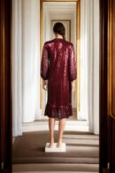 Red Sequin Wrap Dress with Side Knot and Bottom Frills - Glamorous Evening Wear