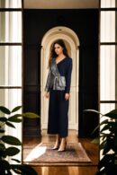 Black Crepecare Self-Design Asymmetric Jumpsuit with V-Neck, Golden Sequin Drape, Long Sleeves, and Two Pockets - Elegant Evening Wear
