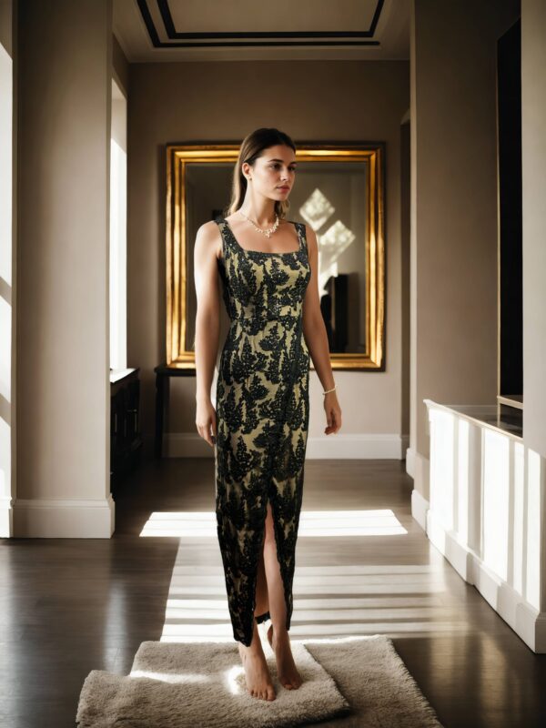 Luxurious Long Sleeveless Net Embroidered Gown with Princess Cut Padded Top, Overlapped Bottom, and Back Zip Opening - Perfect for Formal & Evening Events - Image 2