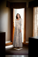 Beige Net Long Western Gown with Beads, Moti, Patchwork & Sequin Work - V-Neckline & Full Sleeves