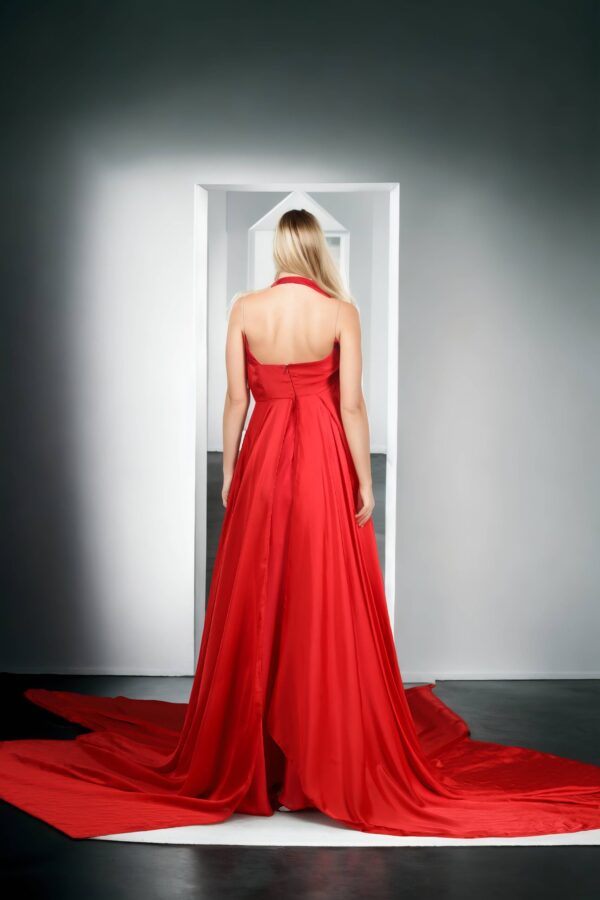 Elegant Red Silk Long Western Gown with Embellished Halter Neckline, Draped Design & Flowing Trail - Image 3