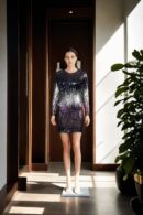 Black Polyester Sutaria Sequin Bodycon Midi Dress - High Neck Design with Long Sleeves & Layered Sequins for Elegant Glamour
