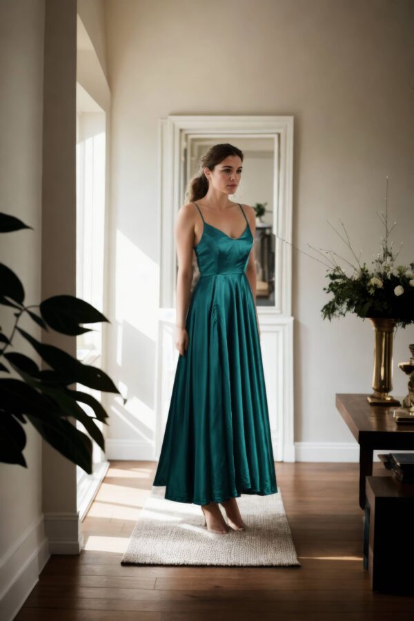 Spaghetti Strap V-Neck Satin Ball Gown with Ruched Detailing for Women  Elegant Evening Wear - Image 4