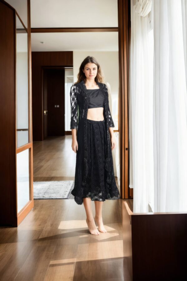 Black Cutwork Lace Dhoti Saree with Border Work Jacket & Strap Blouse - Modern Statement Wear - Image 4