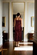 Maroon Sequin Gown with Neck and Sleeve Piping - Perfect for Glamorous Events & Formal Celebration