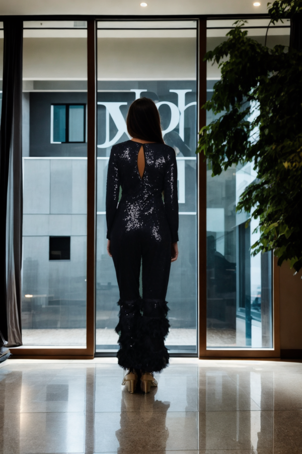 Black Sequin and Feather Detail Jumpsuit with V-Neckline - Glamorous Evening Wear for Special Events - Image 2