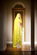 Stunning Yellow Silk Indo-Western Dhoti Dress with Sequin & Thread Work, Gold Lace Dupatta & One-Shoulder Pleated Blouse
