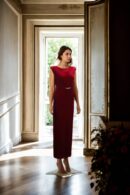 Maroon Velvet A-Line Bodycon Dress with Diamond Brooch Detail - Elegant Evening Wear