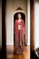 Elegant Chocolate Cosmos Sequin Skirt Set with Embellished Strap Blouse & Front-Open Jacket - Perfect for Weddings & Glamorous Events