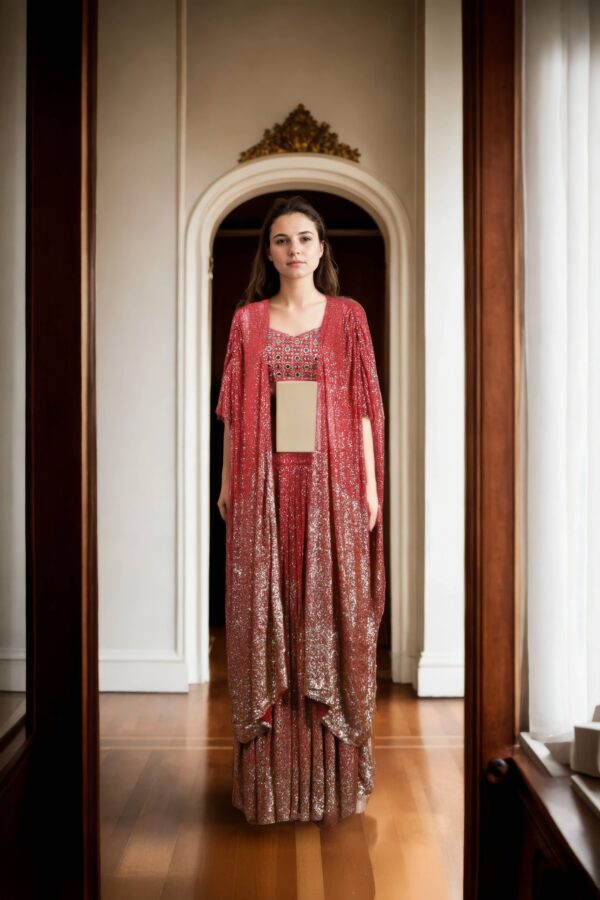 Elegant Chocolate Cosmos Sequin Skirt Set with Embellished Strap Blouse & Front-Open Jacket - Perfect for Weddings & Glamorous Events
