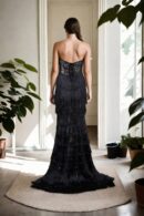 Elegant Black Net Western Gown with Feather Details, Long Sleeveless with Embroidery Work, Ruffle Design & Padded - Perfect for Formal Events & Glamorous Nights