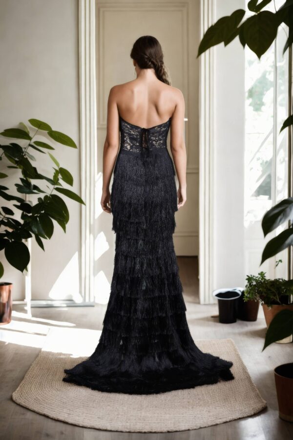 Elegant Black Net Western Gown with Feather Details, Long Sleeveless with Embroidery Work, Ruffle Design & Padded - Perfect for Formal Events & Glamorous Nights - Image 3