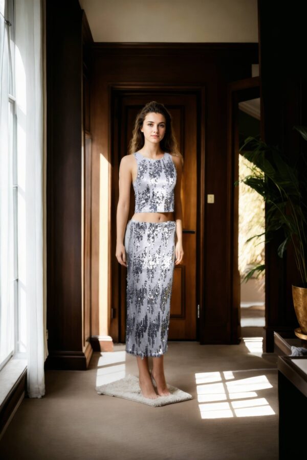 Chic Elasticated Belt Sequin Straight Skirt with Crop Top - Perfect for Glamorous Events & Parties - Image 2