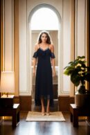 Black Georgette Strap Shoulder Ruffle Dress with V-Neckline & Stone Bead & Sequin Details - Elegant Evening Wear