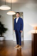 Ink Blue Cotton-Polyester Slim-Fit Formal Suit Notched Lapel Collar, Single-Breasted with Double-Button Closure, Three Pockets, Long Sleeves & Double-Vented Back Hem