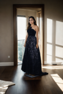 Black Long Western Gown with Velvet Spaghetti Strap Neckline, Gathered Net Skirt & Full Sequin & Bead Abstract Design - Elegant Evening Wear for Special Occasions