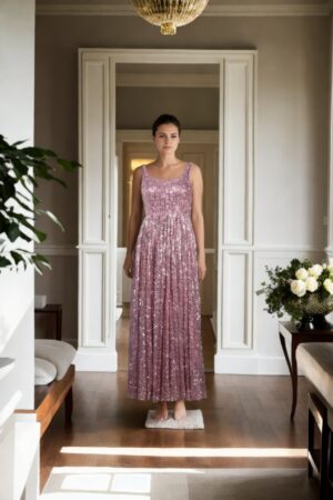 Pink Net Western Gown with Sequin, Beads & Mirror Work, Spaghetti Straps, Sleeveless, Round Neck & Princess Cut Design