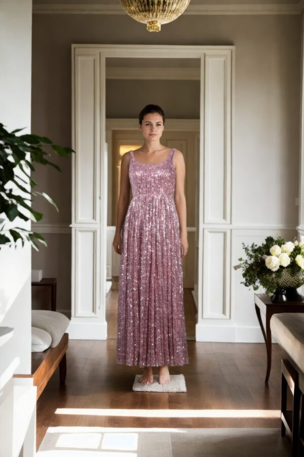 Pink Net Western Gown with Sequin, Beads & Mirror Work, Spaghetti Straps, Sleeveless, Round Neck & Princess Cut Design