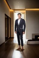 Black Suit in Suiting Fabric with Double Pocket, Notch Lapel Collar, and White Piping Design - Modern Formal Wear