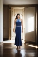 Blue Lagoon Silk Velvet Bodycon Gown with Halter Neckline and White Diamond Design, Sleeveless - Glamorous Evening Wear