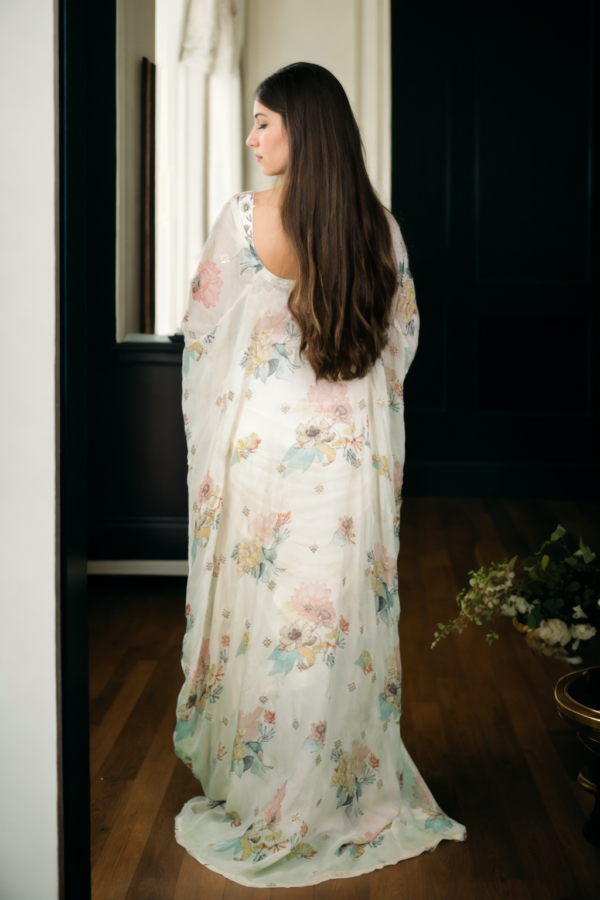 Charming Light Yellow & White Floral Print Gown with Embroidered Jacket - Perfect for Daytime Celebrations - Image 4