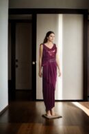 Dhoti Style Gown with Sequin Work on Upper Part and One-Shoulder Pleated Aari Work on Both Shoulders - Elegant Party Wear