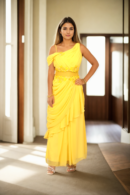 Elegant Yellow Gown with Georgette Pleated Front - Perfect for Daytime Weddings & Festive Celebrations