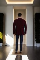 Dark Maroon Velvet Blazer with Black Peak Lapel Collar - Perfect for Weddings & Formal Events